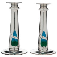 Art Nouveau Silver and Enamel Candlesticks, London, 1909 7