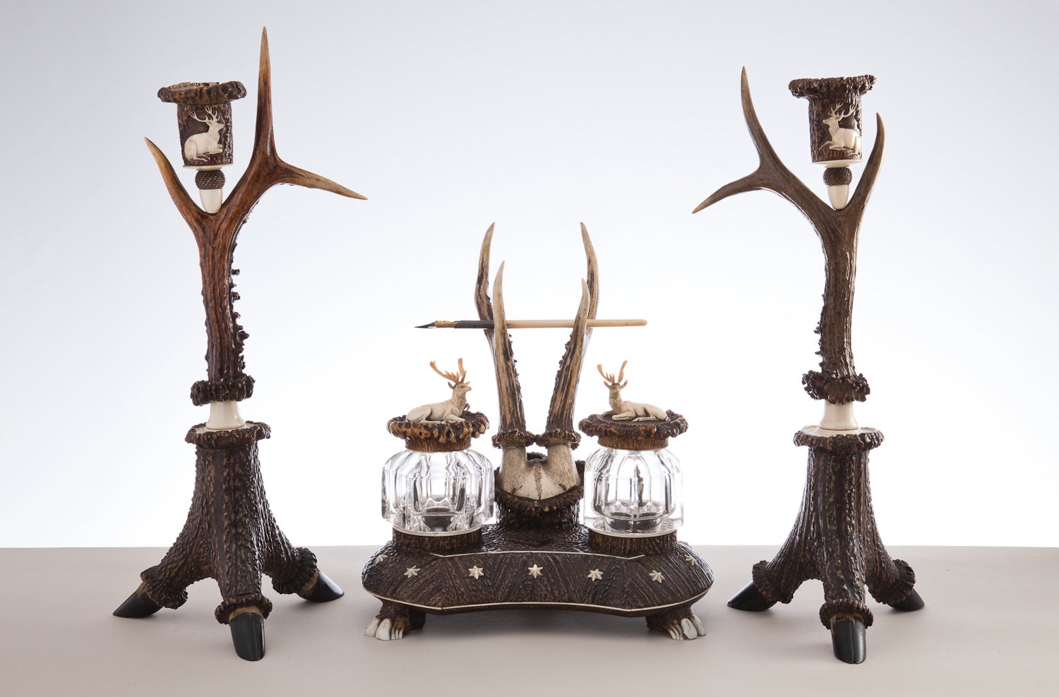 Rare and Impressive Roe Deer Horn Desk Set with Candlesticks, circa 1870-1880