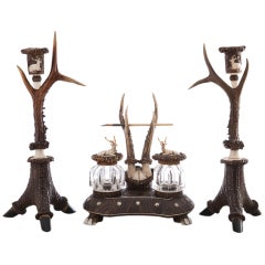 Antique Rare and Impressive Roe Deer Horn Desk Set with Candlesticks, circa 1870-1880