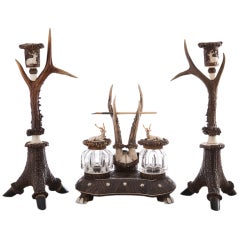 Rare and Impressive Roe Deer Horn Desk Set with Candlesticks, circa 1870-1880