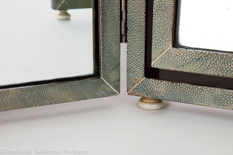 British Large Shagreen Triple Folding Art Deco Vanity Mirror English c.1920