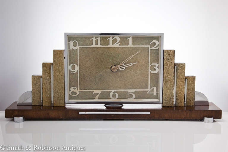 Pure Art Deco Clock Veneered in Walnut & Shagreen c.1925