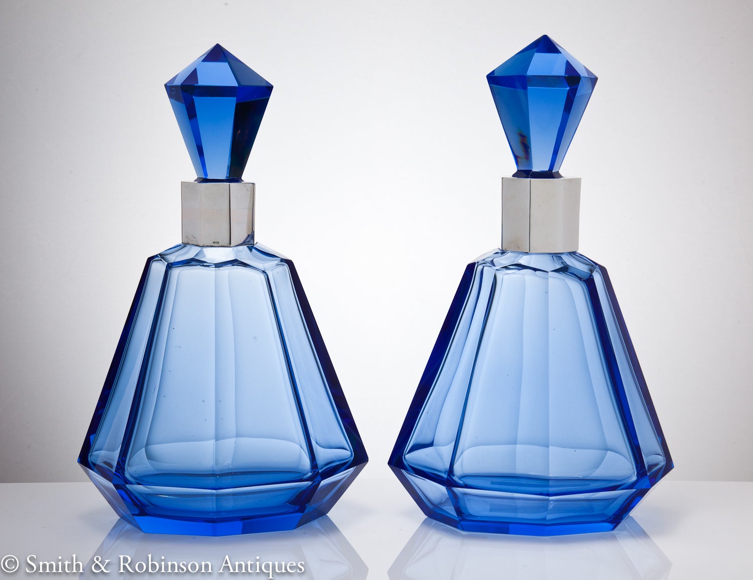 Wonderful Pair of Art Deco French Blue Glass & Silver Decanters c.1930