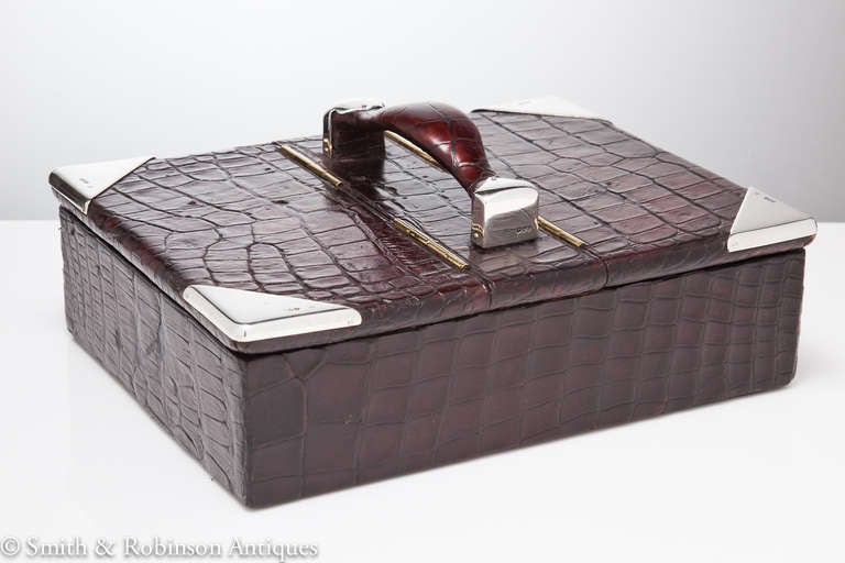 A Rare Crocodile Cigar Box with Silver Mounted Corners c.1890