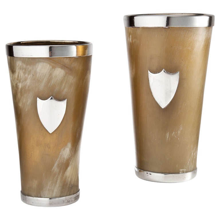 Very Large Pair of Horn and Silver Beakers, English, circa 1890