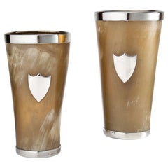 Antique Very Large Pair of Horn and Silver Beakers, English, circa 1890