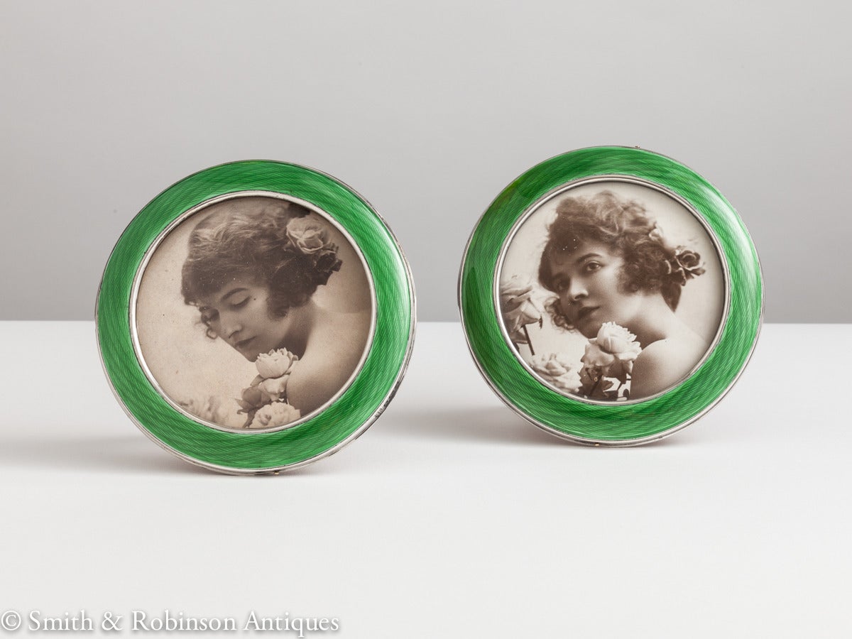 Early 20th Century Pair of Art Deco Silver and Enamel Circular Photo Frames, Birmingham 1921