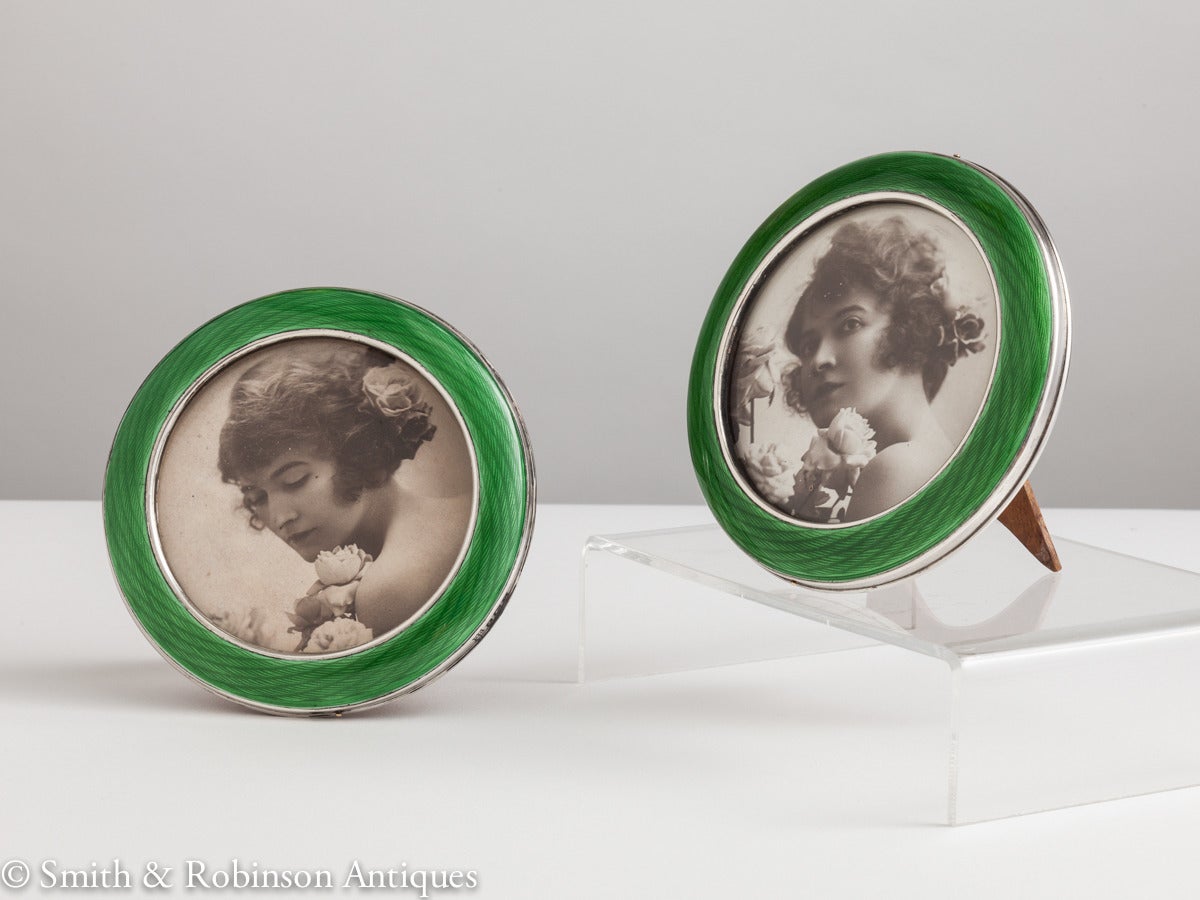 Pair of Art Deco Silver and Enamel Circular Photo Frames, Birmingham 1921 2