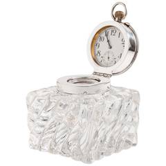 Beautiful Quality Heavy Glass and Silver Clock Inkwell, Birmingham, circa 1904 10