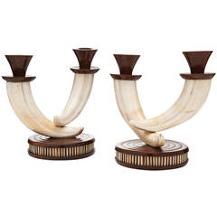 Pair of Colonial Walnut and Boar's Tusk Candleholders, French, circa 1915