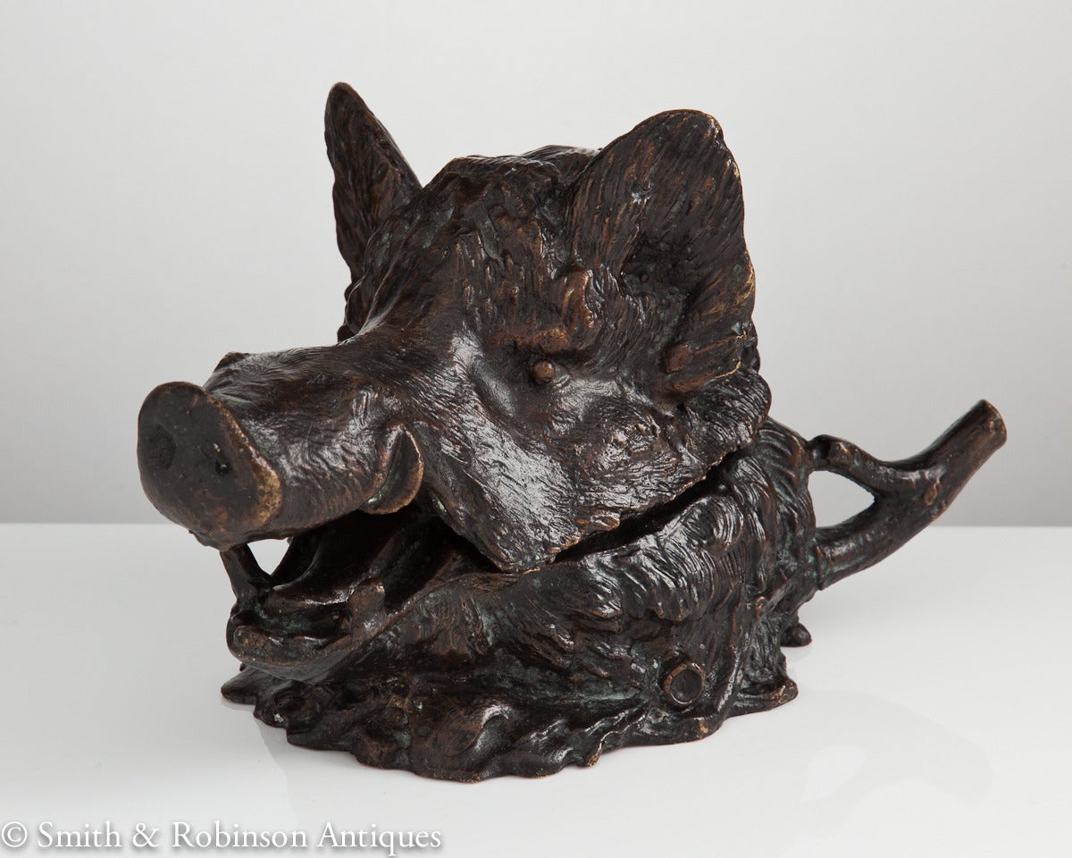 Rare Bronze Boars Head Inkwell c.1850 by Christophe Fratin