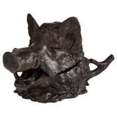 Rare Bronze Boars Head Inkwell c.1850 by Christophe Fratin