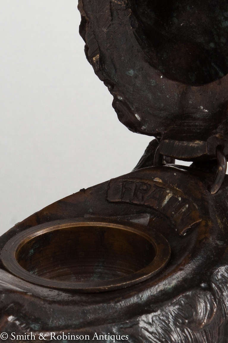 19th Century Rare Bronze Boars Head Inkwell c.1850 by Christophe Fratin