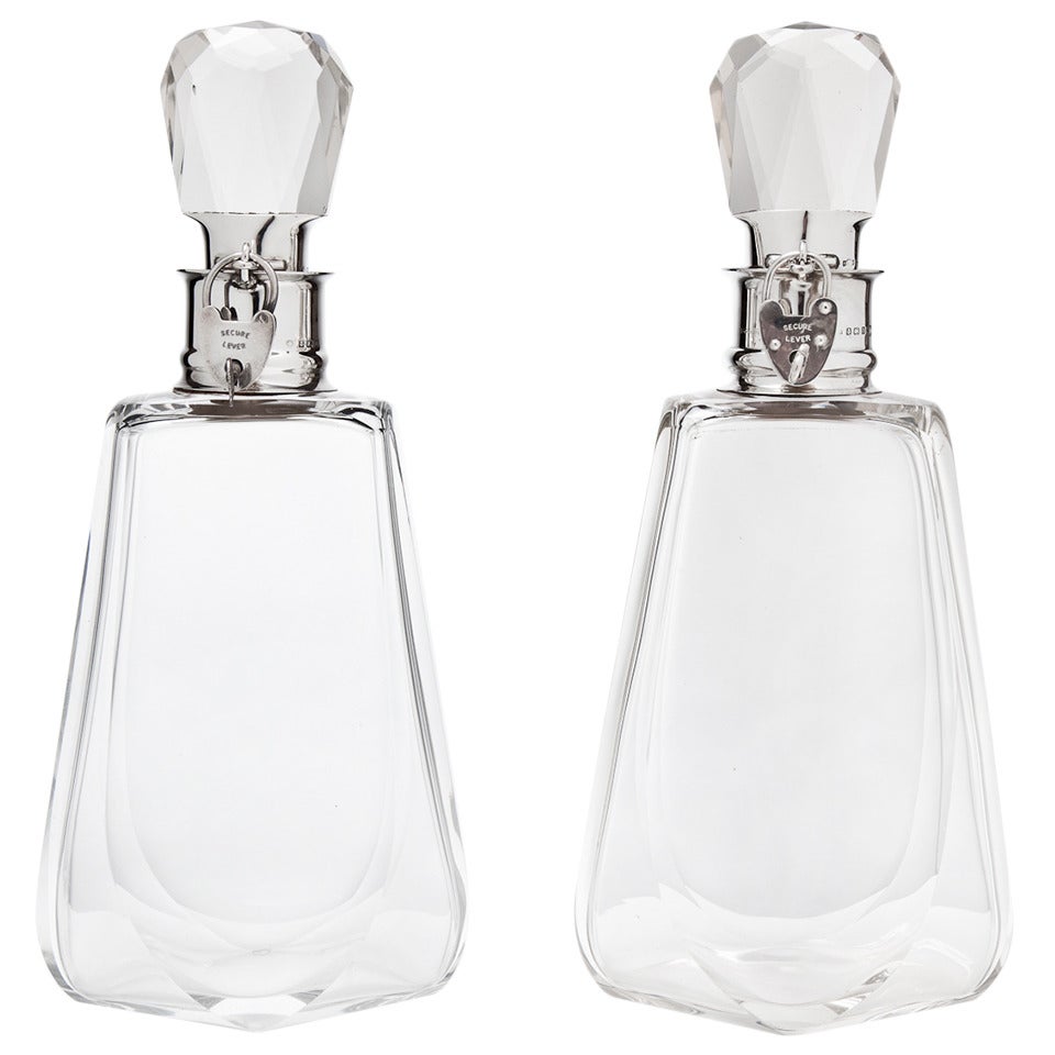 Stunning Pair of Glass and Silver Decanters, Birmingham, Dated 1912