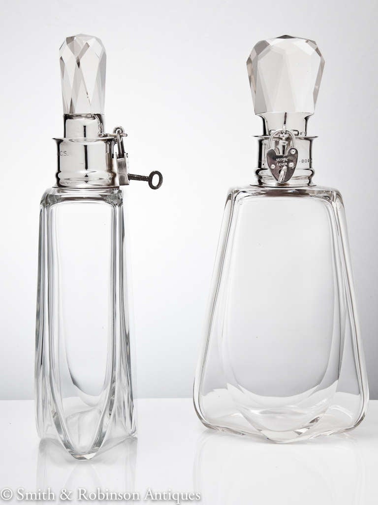 English Stunning Pair of Glass and Silver Decanters, Birmingham, Dated 1912