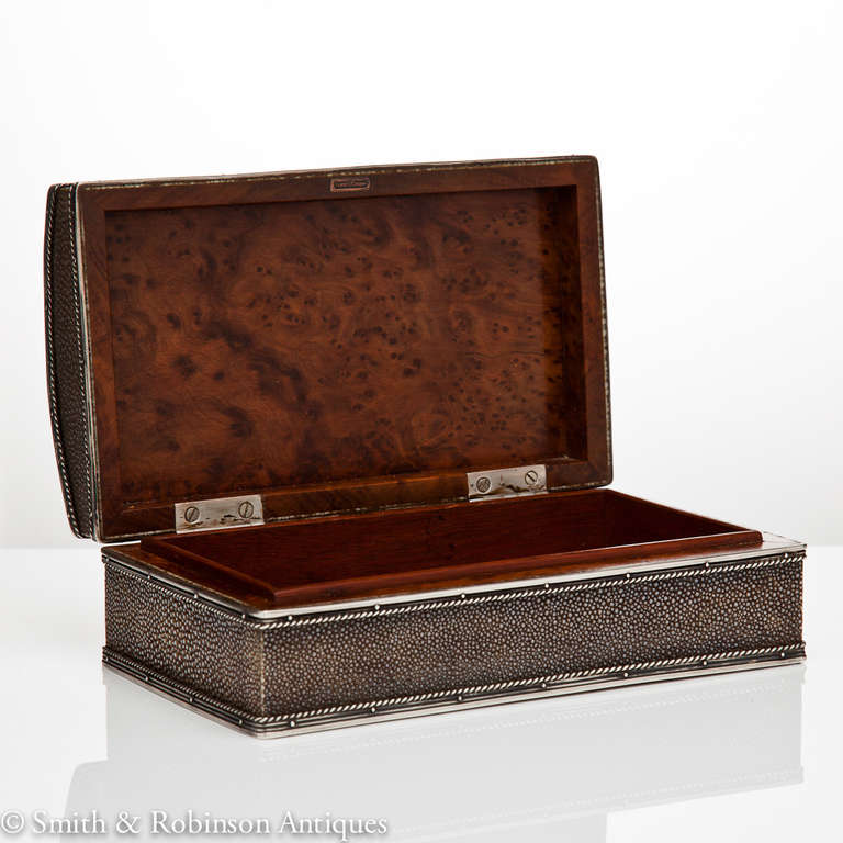 Rare silver and shagreen Arts & Crafts box, circa 1910 with burr walnut interior by Francis Cooper, son of the famous John Paul Cooper.

We are always adding to our 1stdibs catalogue so be sure to add us to your favourite dealers and visit our