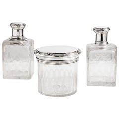 Set of Etched Glass Perfume Bottles with Silver Tops, French circa 1910