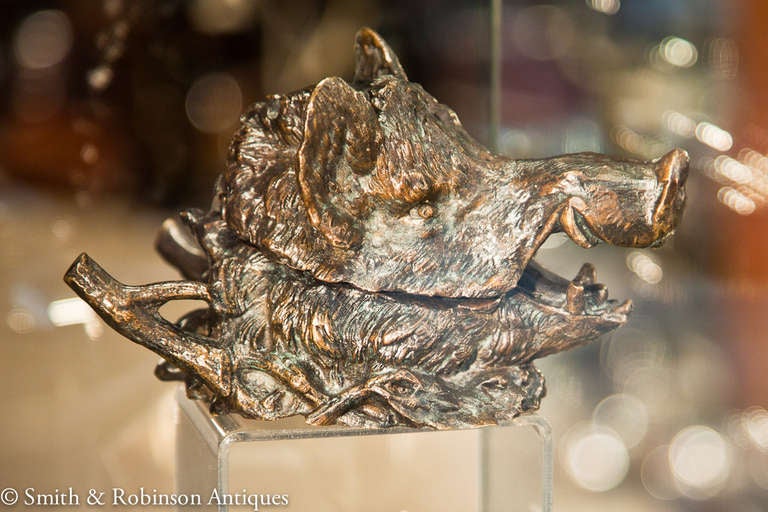 French Rare Bronze Boars Head Inkwell c.1850 by Christophe Fratin