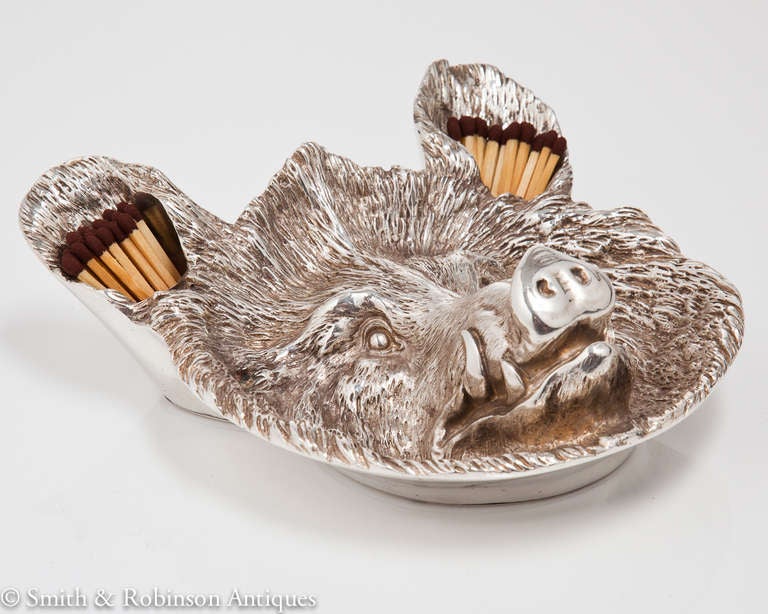 Unusual Boars Head Silver Plated Ash Tray & Match Holder Austrian c.1930.