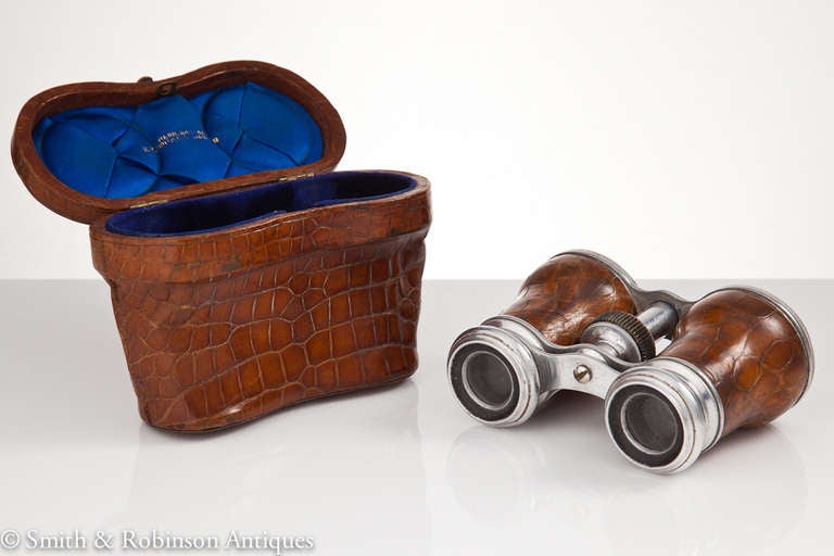 Silvered Great Pair of Vintage Binoculars in their Original Leather Case c.1910