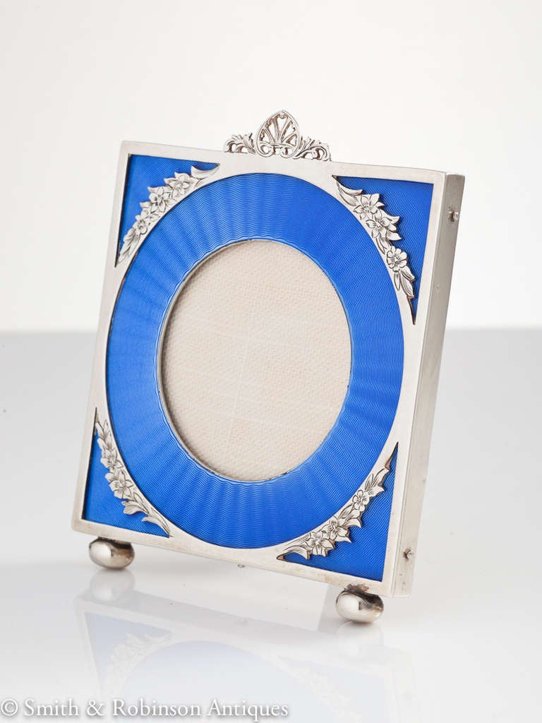 Beautiful Art Deco Silver & Blue Enamel Photo Frame London 1927