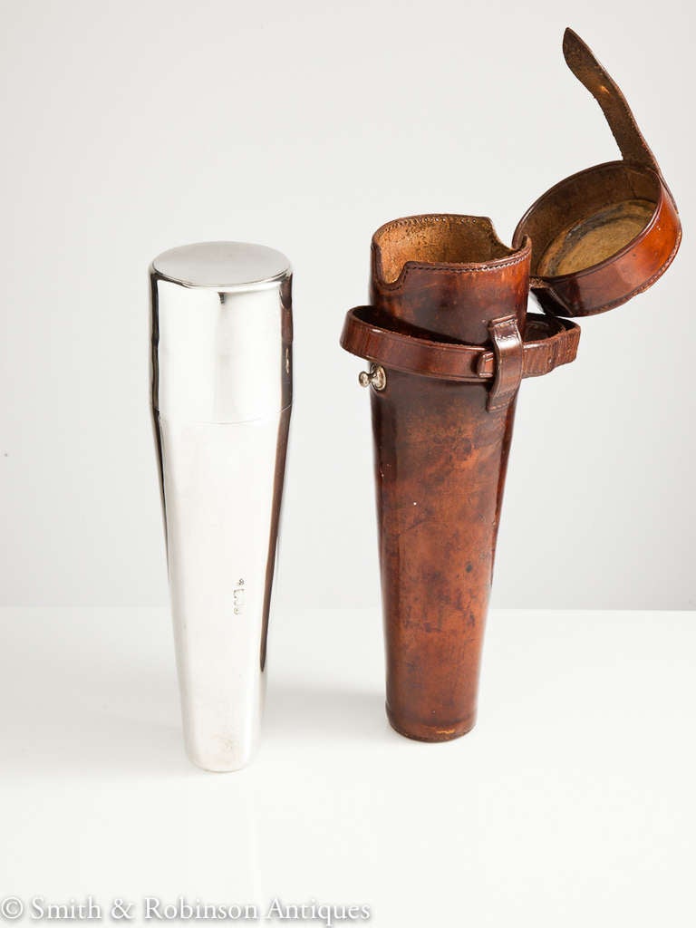 British Unusual Silver Hunting Flask with Cup and Leather Case, London, 1902