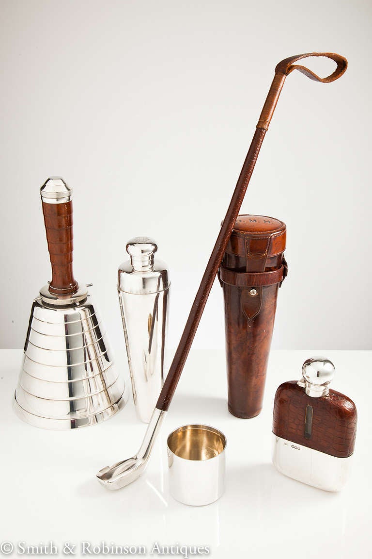 20th Century Unusual Silver Hunting Flask with Cup and Leather Case, London, 1902