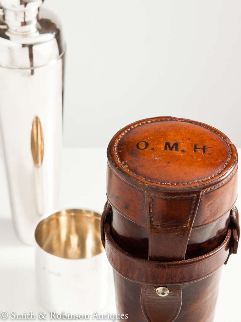 Unusual Silver Hunting Flask with Cup and Leather Case, London, 1902 3