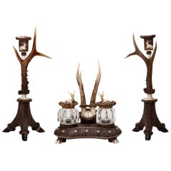 Antique A Rare Roe Deer Horn Desk Set with Candlesticks c.1870-80