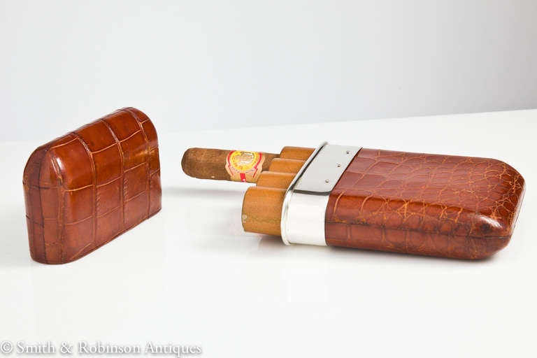 Mid-20th Century Rare & Impressive Crocodile & Silver Cigar Case c.1935