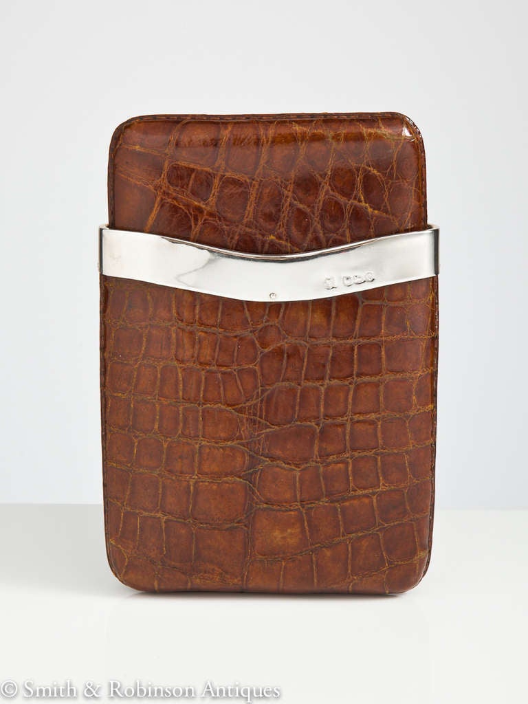 An elegant crocodile & silver cheroot case dated Sheffield 1920.
Natural luggage skin & could be also used for pens/pencils. 

We are always adding to our 1stdibs catalogue so be sure to add us to your favourite dealers & visit our storefront