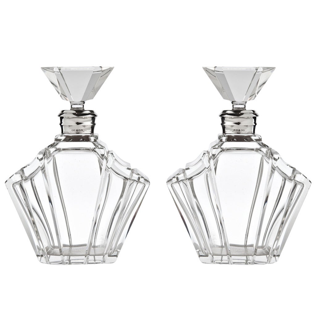 Impressive Pair of Art Deco Glass and Silver-Mounted Decanters, circa 1938