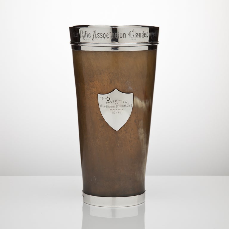 A large and very rare presentation horn and silver mounted beaker with inscription on the rim 
