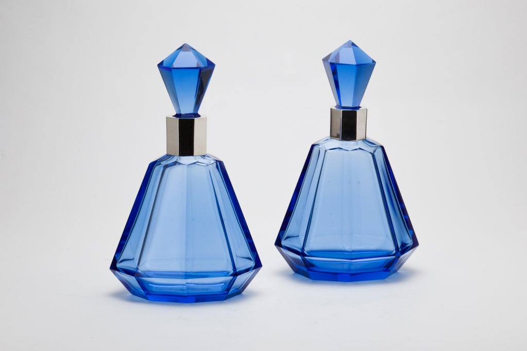 A Rare & Fine Pair of Art Deco French blue glass decanters with Silver collars circa 1930