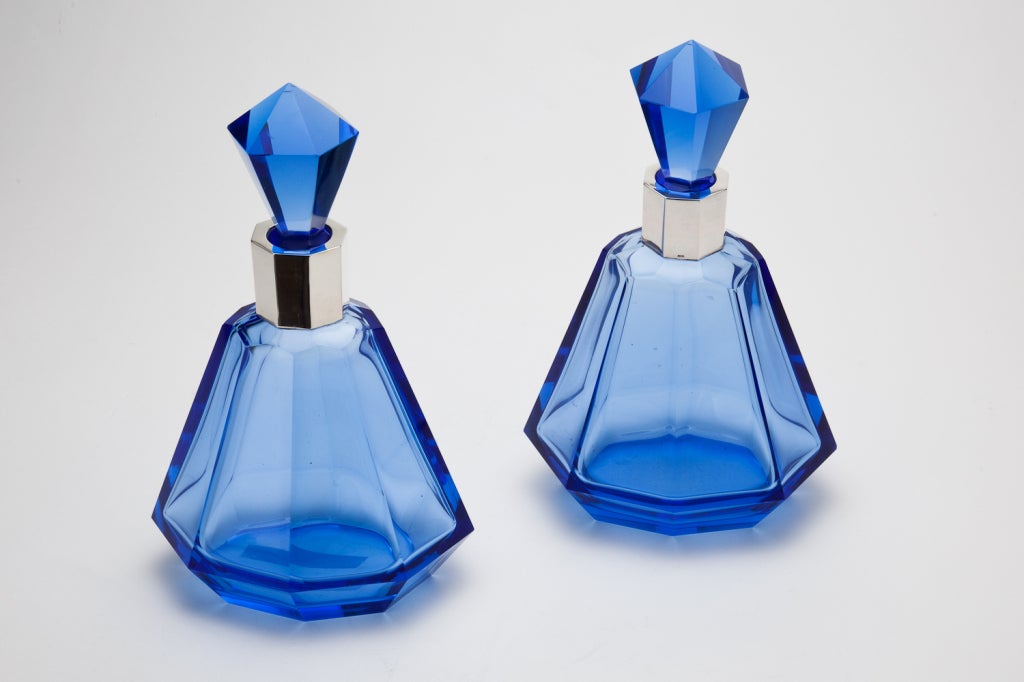 Mid-20th Century Pair of Art Deco French Blue Glass Decanters