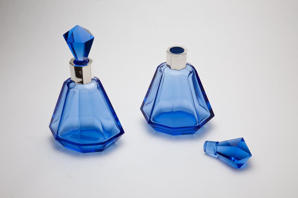 Pair of Art Deco French Blue Glass Decanters 2