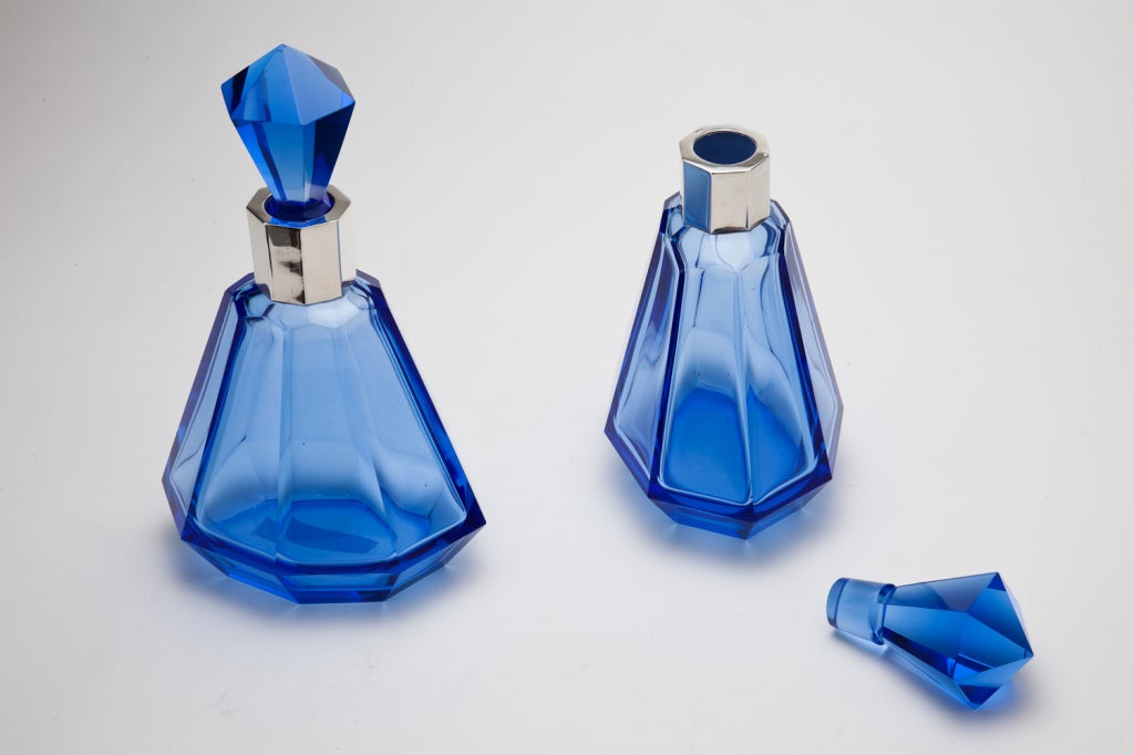 Pair of Art Deco French Blue Glass Decanters 3