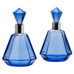 Pair of Art Deco French Blue Glass Decanters