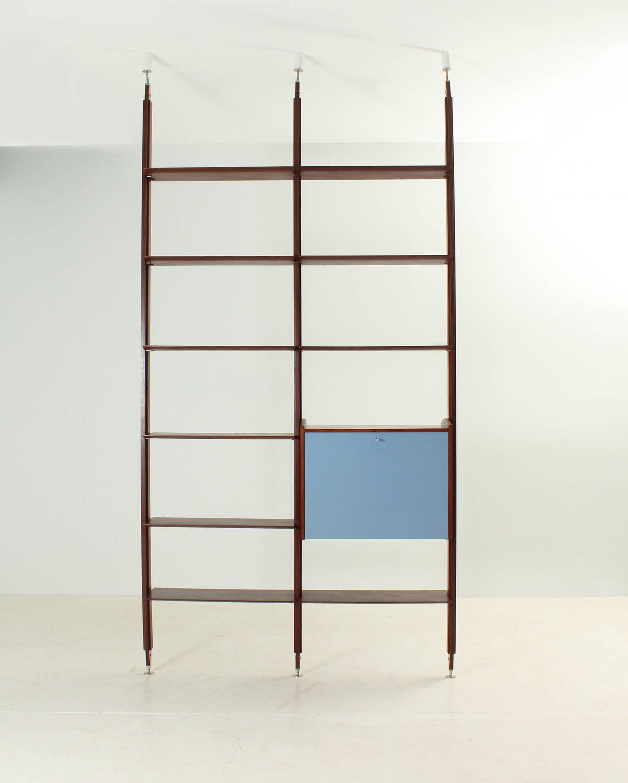 Italian bookshelf with dry bar from 1950s. Teakwood, laminated front door, glass and nickel metal fittings. Appropriate size to be used as a room separation or against the wall.