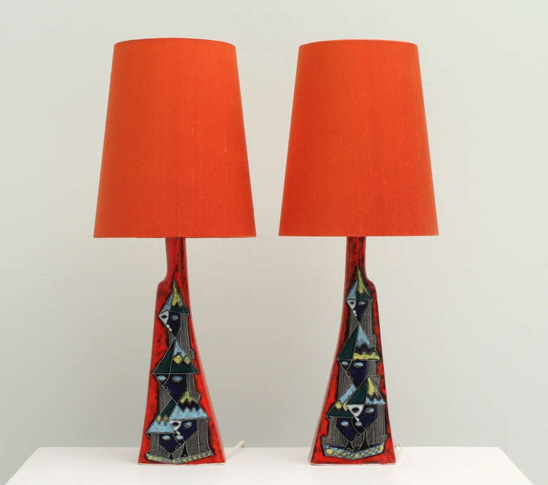 Italian 50's Ceramic Table Lamps Signed Man