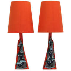 Vintage Italian 50's Ceramic Table Lamps Signed Man