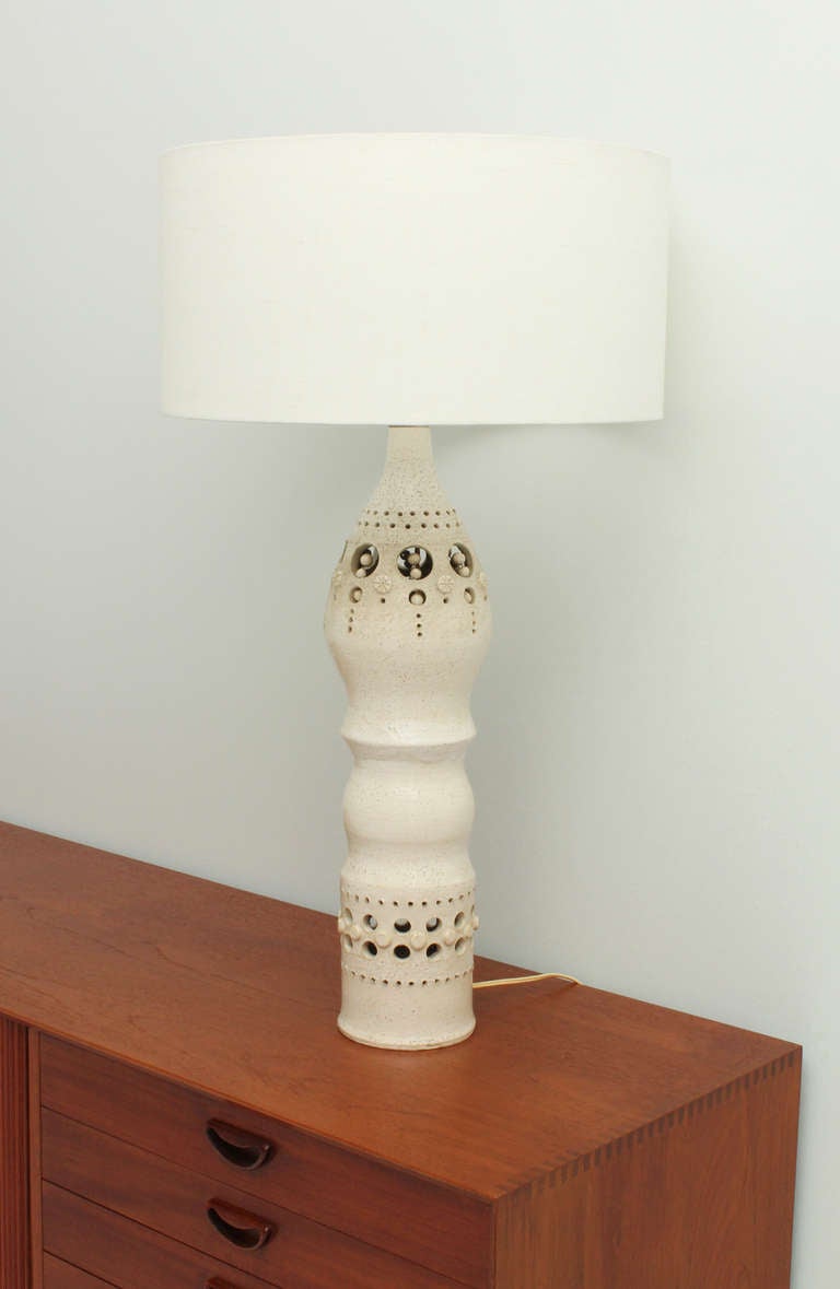 Large ceramic table lamp designed by Georges Pelletier in 1960's, France. Glazed ceramic base and shade with new fabric. Two bulbs, one inside the base and one on top.