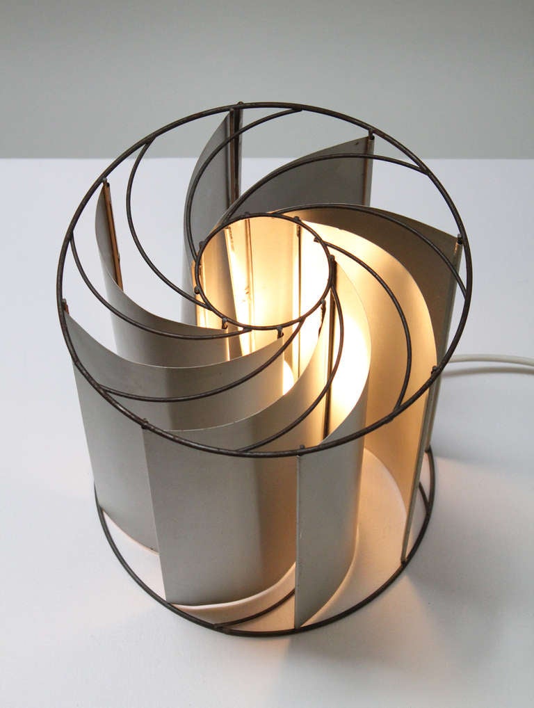 Rare turbine table lamp designed in 1970's by french designer Max Sauze. Construction made of metal and aluminium plates.
