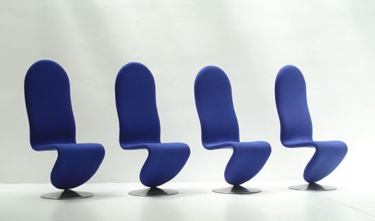 A set of four 1-2-3 system chairs by Verner Panton for Fritz Hansen, Denmark, 1973. Tubular metal structure upholstered with new stretch wool fabric and circular polished steel base. High back version.