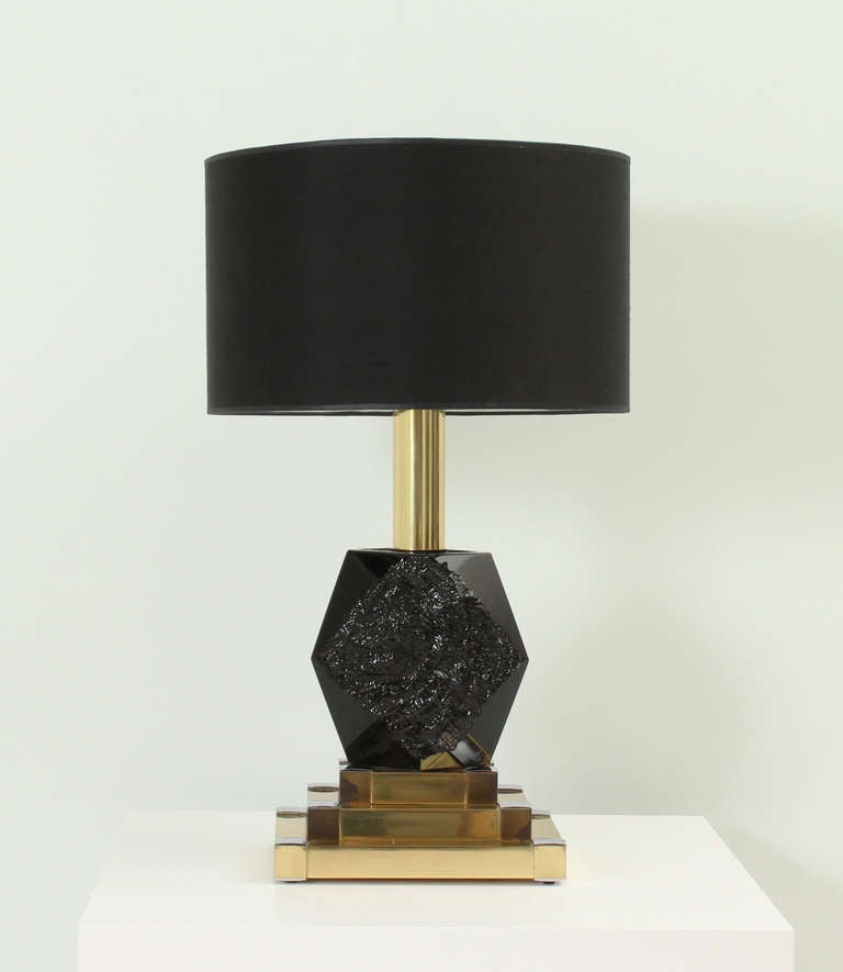 Table lamp by Lumica, Italy, 1970s. Black glass piece and brass and chrome base, shade with new fabric.