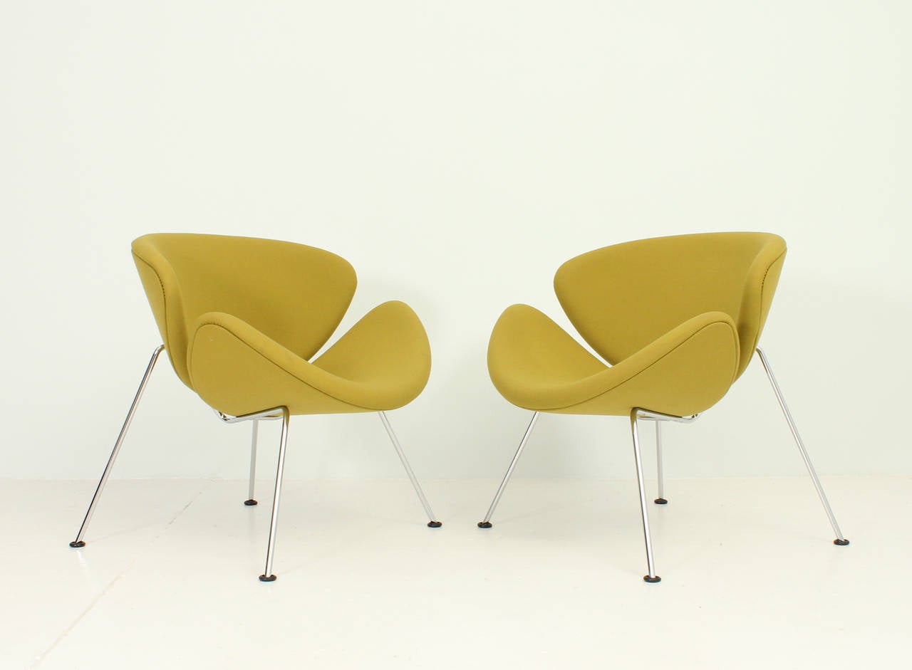 A pair of Orange Slicers chairs designed by Pierre Paulin in 1959 for dutch company Artifort. Steel bases and upholstered seat.