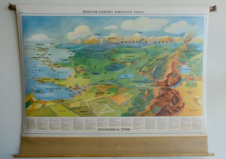 Grande carte murale de Denoyer qui illustre des termes géographiques. Il s'agit d'une carte déroulante du type de celle utilisée dans les écoles.