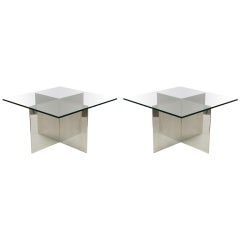 Pair of Aluminum and Glass Tables by Paul Mayen 4