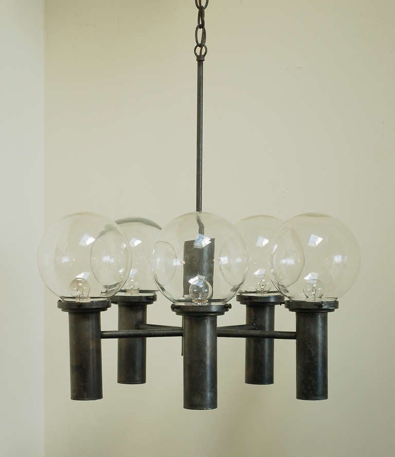 Robert Long chandelier in a dark pewter finish. This chandelier has 10 lamps, five up and five down. There is a switch that allows either the up or down lights to be on or both. The height can be adjusted by adding or removing links in the chain.