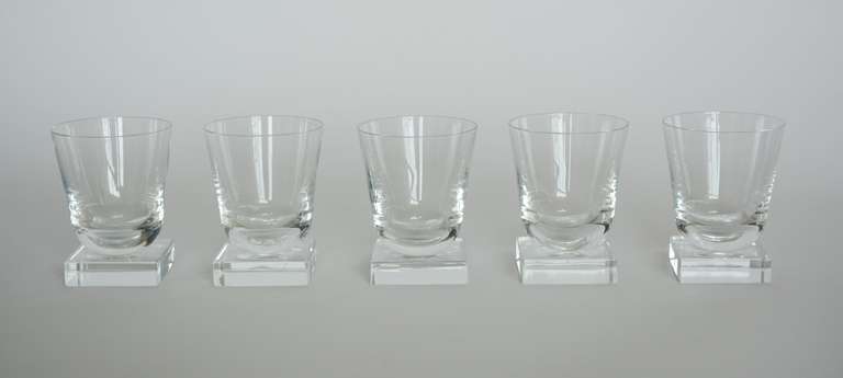 Five Libbey Knickerbocker glasses designed by Edwin Fuerst and Douglas Nash. These are the old fashioned size. These scarce glasses were designed in 1933 and are included in the collection of many prominent museums. The glasses have an etched Libbey